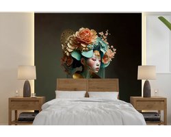 Behang - Fotobehang Vrouw - Bloemen - Oranje - Portret - Asian - Breedte 300 cm x hoogte 300 cm