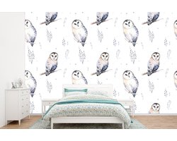 Behang - Fotobehang Winter - Uil - Wit - Breedte 360 cm x hoogte 240 cm