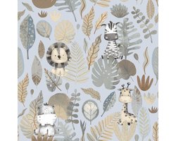 Behang - Jungle Dieren - Aquarel - Babykamer Jongen - Blauw Bruin - Kinderkamer - Safari Behang - Nijlpaard Zebra Leeuw Giraf - 0,53 x 10,05 M - Happy