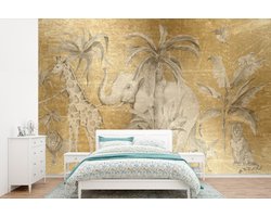 Behang kind - Kinderkamer decoratie - Dieren - Jungle - Olifant - Giraffe - Goud - Kinderen - Baby - 420x280 cm - Kinderbehang