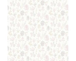 Behang - Kinderkamer- Babykamer -Bladeren - Takjes - beige - roze - wit- Kinderbehang - meisjes slaapkamer - 0,53 x 10,05 M