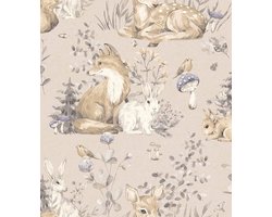 Behang - Kinderkamer – Bosdieren - Beige- Bruin - Paars - Babykamer - Kinderbehang – Dieren - Hert - Vos - Konijn - 0,53 x 10,05 M