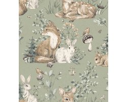 Behang - Kinderkamer – Bosdieren - Groen - Bruin- Wit - Babykamer - Kinderbehang – Dieren - Vos - Konijn - Hert - 0,53 x 10,05 M
