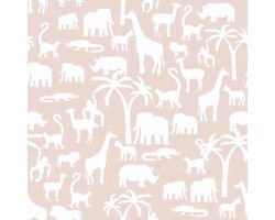 Behang - Kinderkamer – Dieren – Silhouetten – Wit – Beige - Safari Dieren- Babykamer - Kinderbehang - 0,53 x 10,05 M