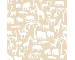 Behang - Kinderkamer – Dieren – Silhouetten – Wit – Zand - Safari Dieren- Babykamer - Kinderbehang - 0,53 x 10,05 M