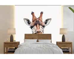Behang kinderkamer - Fotobehang Jongens - Giraffe - Dieren - Kop - Portret - Kind - Meisjes - Breedte 220 cm x hoogte 220 cm - Kinderbehang
