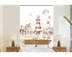Behang kinderkamer - Fotobehang Strand - Kinderen - Vuurtoren - Alpaca - Zee - Dieren - Breedte 145 cm x hoogte 220 cm - Kinderbehang
