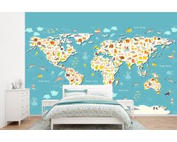 Behang kinderkamer - Fotobehang Wereldkaart - Kinderen - Dieren - Kind - Jongens - Meiden - Breedte 390 cm x hoogte 260 cm - Kinderbehang