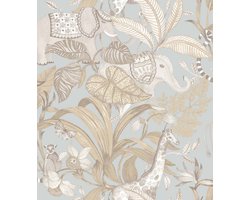 Behang - Kinderkamer – Jungle - Dieren- Beige- Grijs- Blauw - Babykamer - Kinderbehang – Jongens slaapkamer - 0,53 x 10,05 M