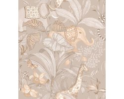 Behang - Kinderkamer – Jungle - Dieren- Grijs- Beige - Babykamer - Kinderbehang – Olifant - Giraffe- 0,53 x 10,05 M