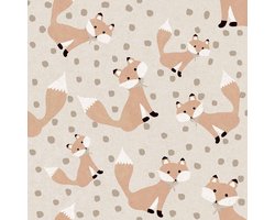 Behang - Kinderkamer – Vossen - stippen – Greige – Wit – Bruin - Babykamer - Kinderbehang – Sterren Behang -0,53 x 10,05 M