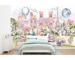 Behang meisjeskamer - Fotobehang Parijs - Regenboog - Kinderen - Roze - Meisjes - Dieren - Breedte 360 cm x hoogte 240 cm - Kinderbehang