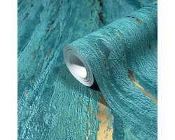 Behang met Teal Marmerstructuur – Goud metallic glans - Natuurlijke Textuur & Verticale Lijnen – Goud Marmer behang - City Romance