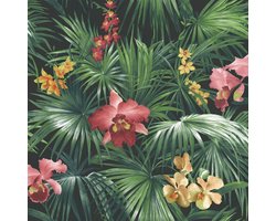 Behang met tropische bladeren en bloemen - Behang - Wandbekleding - Wallpaper - Vliesbehang - Global Fusion - 0,53 x 10 M.