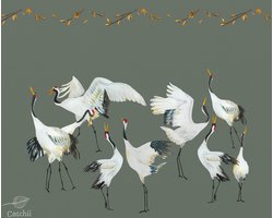 Behang staal Japanese Crane Dance groen