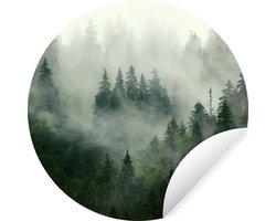 Behangcirkel - Bos - Mist - Natuur - Groen - Zelfklevend behang - Cirkel behang - Woonkamer decoratie - Slaapkamer - 30x30 cm - Wanddecoratie rond - Muurdecoratie - Wandcirkel - Muurcirkel binnen - Behangsticker