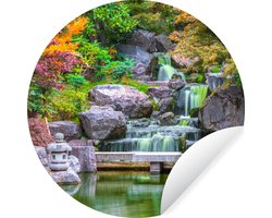 Behangcirkel - Zelfklevend behang - Waterval - Stenen - Japan - Bomen - Botanisch - Behang rond - Cirkel behang - 80x80 cm - Woondecoratie - Behang cirkel