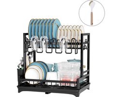 Behave Afdruiprek met Lekbak - Inclusief Afvoer - Afwasrek - Met Bestekhouder - 2 Laags - Ruimtebesparend - Metaal - Zwart - Afwasborstel