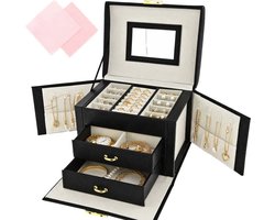 Behave Luxe Sieradendoos Dames met Spiegel & Slot – Zwart – Grote Juwelendoos met Lades – Opbergbox voor Sieraden, Ringen, Kettingen & Oorbellen