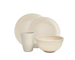 Beige 4 delig plastic servies set – serviesset met 2 ronde borden, 1 kom en 1 beker – herbruikbaar eetservies – camping servies voor thuis, reizen, picknick en buitengebruik