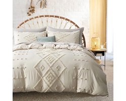 Beige beddengoed, 220 x 240 cm, gewassen katoen, handgemaakt borduurwerk, shabby chic, getuft, boho, tweepersoonsbed, dekbedovertrek met ritssluiting en 2 kussenslopen, 80 x 80 cm