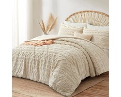 Beige Beddengoed Set Boho Stijl met Tuft en Borduurwerk - Shabby Chic Vintage Look, Inclusief Kussensloop