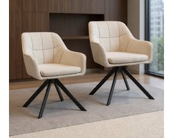Beige draaibare eetkamerstoel met armleuningen, set van 2, draaibare eetkamerstoel, keukenstoel, gestoffeerde stoel, gemaakt van polyester, met metalen poten voor eetkamer, keuken, kantoor - Casa Serena