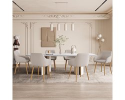 Beige Ergonomische Eetkamerstoelen met Armleuningen – Set van 6 Stoelen 63 x 57,5 x 82 cm – Comfortabele Polyester Stoelen met Metalen Poten voor Woonkamer, Keuken en Eetkamer – Novihome