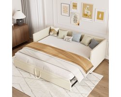 Beige Fluwelen 2-in-1 Slaapbank 90/180x200 cm – Multifunctionele Tweepersoonsbank en Bed voor Slaapkamer of Woonkamer