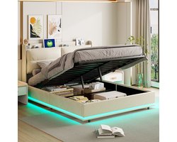 Beige Fluwelen Bed 160x200 cm met Hydraulische Opbergruimte, LED Sfeerverlichting & USB/Type-C – Luxe Tweepersoonsbed met Gasveer