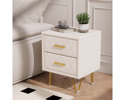Beige Fluwelen Nachtkastje met 2 Lades – Scandinavisch Design, Diamantpatroon, Gouden Handgrepen & Metalen Poten