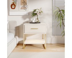 Beige Fluwelen Nachtkastje met LED Verlichting – 1 Lade, Open Opbergvak, Scandinavisch Design, Gouden Metalen Poten