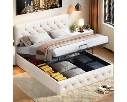 Beige Fluwelen Tweepersoonsbed 140x200 cm met Hydraulische Opbergruimte & Verstelbaar Hoofdeinde – Luxe Gasliftbed voor Slaapkamer
