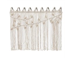 Beige Geweven Wandtapijt met Bladpatroon & Houten Kralen – Bohemian Gordijn voor Deur, Raam of Wand – Lichtgewicht Interieurdecoratie