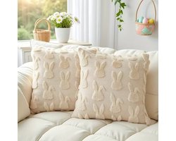 Beige Kussenhoes 45x45 cm – Zachte Teddy Konijnenhoes – Fluffy Sierkussenhoes voor Woonkamer, Slaapkamer & Paasdecoratie – Zonder Binnenkussen