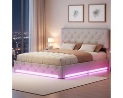 Beige Opbergbed 140x200 Tweepersoons met Hydraulisch Lift, Verstelbaar Hoofdbord & LED aan Voeteneinde