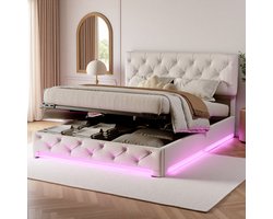 Beige Opbergbed 160x200 Tweepersoons met Hydraulisch Lift, Verstelbaar Hoofdbord & LED aan Voeteneinde