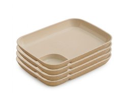 Beige pasta borden set 4 stuks – kunststof vierkante serveerborden met geïntegreerd sausvak – snack borden dessert borden friet borden en hapjes borden – stapelbaar servies voor keuken en eettafel