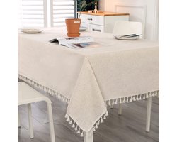 Beige Rechthoekig Tafelkleed Vlekbestendig Wasbaar Katoen en Linnen Tafelkleed met Kwastjes, Tafellinnen voor Verjaardagen, Bruiloften, Salontafels, Kleine Eettafels, 140 x 90 cm
