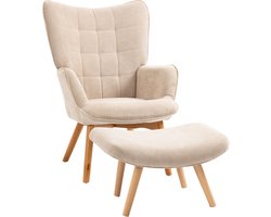 Beige Relaxfauteuil met Hocker 72 x 80 x 101 cm, Oorfauteuil, Accentstoel, Lounge Stoel en Leunstoel met Voetensteun, Corduroy Look, Gestoffeerde Zitting en Houten Poten, Comfortabele Leesstoel voor Woonkamer, Slaapkamer en Leeshoek