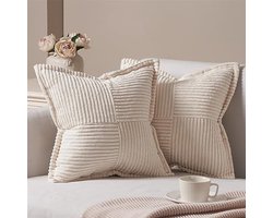 Beige sierkussenhoezen set van 2 - Pluizige decoratieve kussenhoezen 45x45 cm - Corduroy stof met gestreept patchwork design - Voor woonkamer, slaapkamer en bank