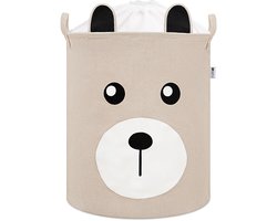 Beige Speelgoedopbergmand met Teddy Beer Gezicht - Katoenen Opbergbox - Kinderwasmand met Trekkoord - 43 Liter - 35x35x45 cm - Speelgoedmand - Sipo