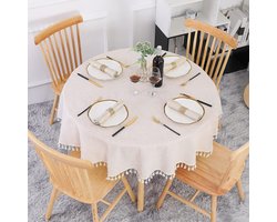 beige tafelkleed - waterdicht - luxe rond 150 cm afwasbaar - makkelijk schoon te maken linnen - premium kwaliteit katoen - zacht - ademend kreukvrij stofdicht met kwastjes voor keuken eetkamer eettafel salontafel tuintafel