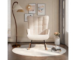 Beige Teddy Schommelstoel – Comfortabele Relaxstoel met Houten Onderstel, Zachte Teddystof, Moderne Fauteuil voor Woonkamer & Slaapkamer