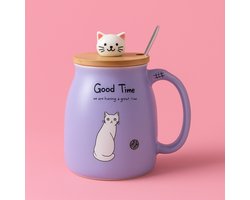 Beker bedrukt met tekst en leuke poes - beker van keramiek met bamboe deksel en RVS lepel - inhoud 400 ml - paars - paarse beker - poes - kat