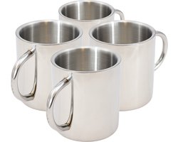 Beker - Dubbelwandige RVS mokken met oor (4 stuks!) - Roestvrijstalen mok - RVS mokken - Robuust design - Industriële stijl