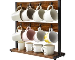 Bekerhouder met 16 haken - Koffiebekerhouder voor aanrecht - Opbergbodem voor keuken en eetkamer - 43 x 15 x 40 cm - Vintage bruin koffie rek