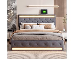 Bekleding Bed Tweepersoonsbed - Enige Uitvoering - Linnen - 4-Laden Bedbox - Verstelbaar Hoofdeinde