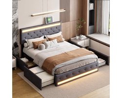 Bekleding Bed Tweepersoonsbed - Enige Uitvoering - Linnen - 4-Laden Bedbox - Verstelbaar Hoofdeinde