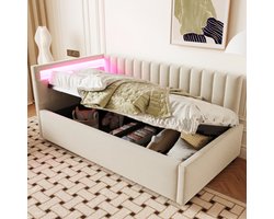 Bekleding bedbankbed 90x200, met LED -verlichting en hydraulische opbergruimte, klassiek verticaal stripontwerp, zijkoponderdelen met verwisselbare posities, lattenkader, fluwelen stof, beige